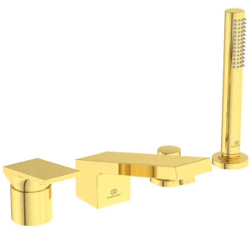 Badarmatur in Brushed Gold mit 4 Löchern, bestehend aus einem Wasserhahn, einer Wannenfüllung und einem Handbrausekopf von Ideal Standard.
